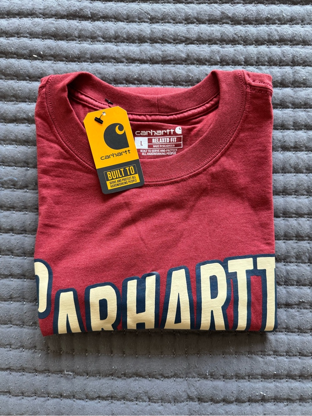 Carhartt Kids Red Short Sleeve Logo Tee with Cream & Navy Print